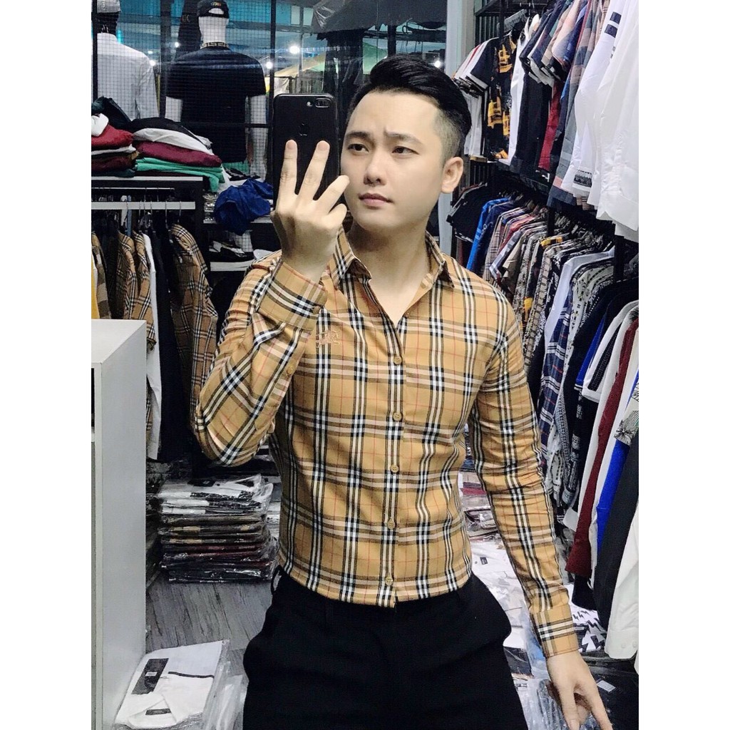 Áo Sơ Mi Nam Dài Tay Vải Lụa Cao Cấp, Áo Sơ Mi Họa Tiết Caro Vàng Thêu Ôm Form Body, T-man