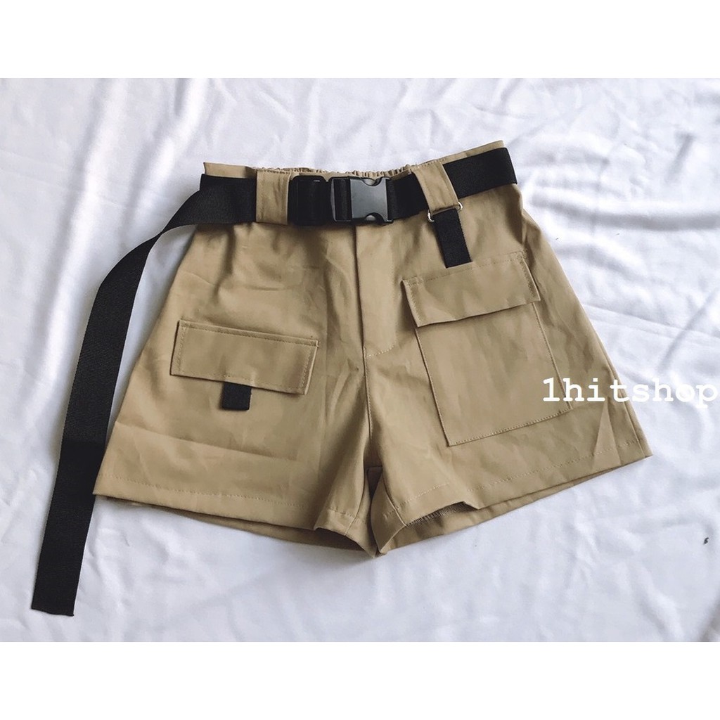 Quần SHORT KAKI SAFARI TÚI HỘP Đen Ulzzang Nữ (Kèm THẮT LƯNG) 1hitshop