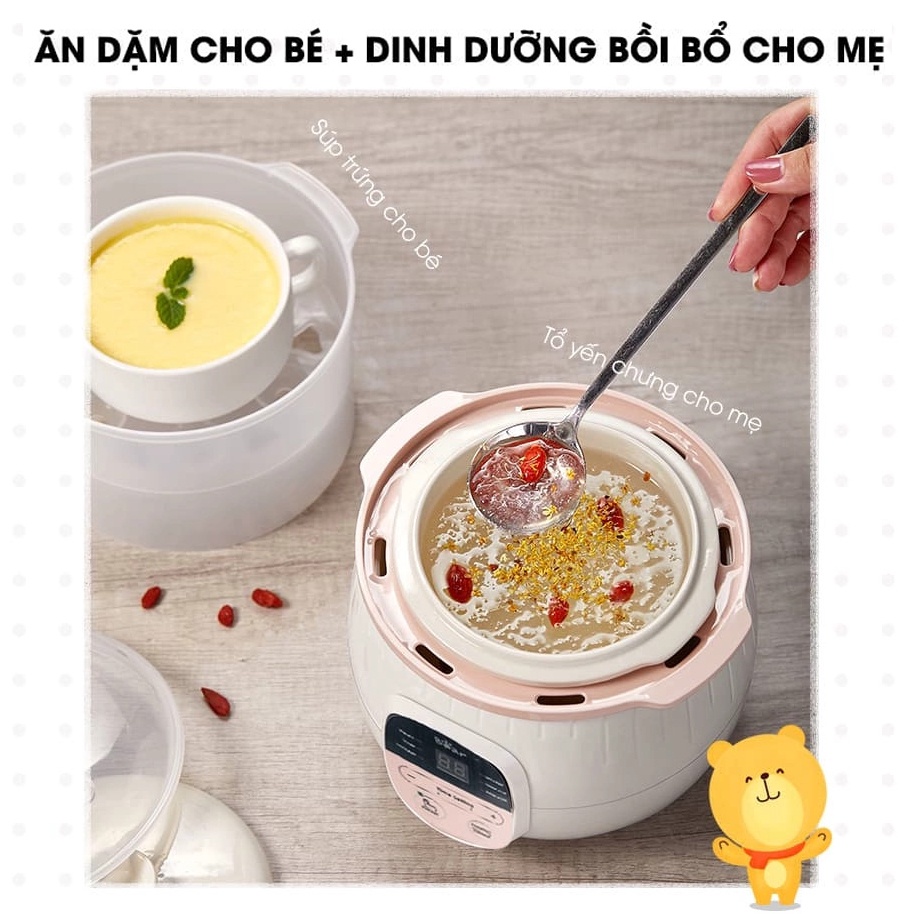 Nồi nấu cách thuỷ Bear SUBE001 nấu cháo chậm, cho bé ăn dặm, dung tích 0.8L tặng kèm lồng hấp 1L – HÀNG CHÍNH HÃNG