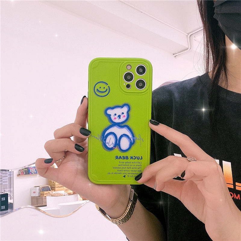 Ốp Điện Thoại Silicon Mềm Hình Gấu Màu Xanh Lá Dạ Quang Cho Iphone 12 Pro 11 Xs Max Xr Se 2 / 8 Plus