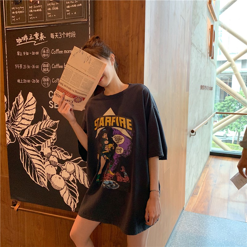 Áo thun ngắn tay họa tiết hoạt hình dễ thương dáng rộng phong cách Hàn Quốc cho nữ