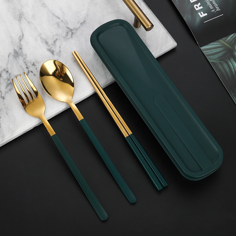 Bộ đũa thìa văn phòng , hộp đựng đũa muỗng inox 304 mạ vàng