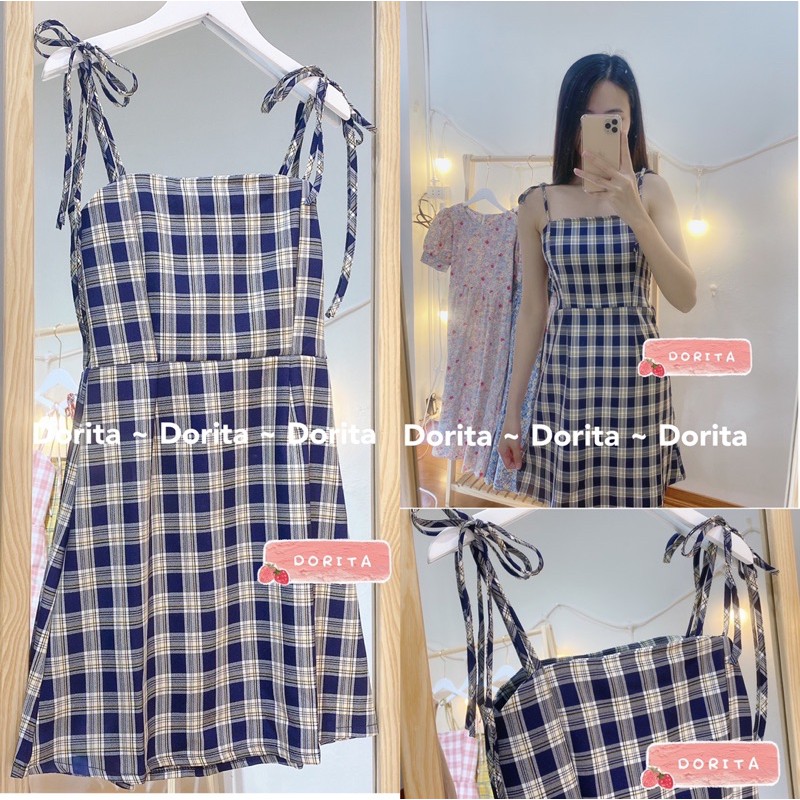 Váy 2 dây kẻ caro buộc nơ vai Váy 2 dây dáng xòe buộc nơ vai - Dorita Boutique