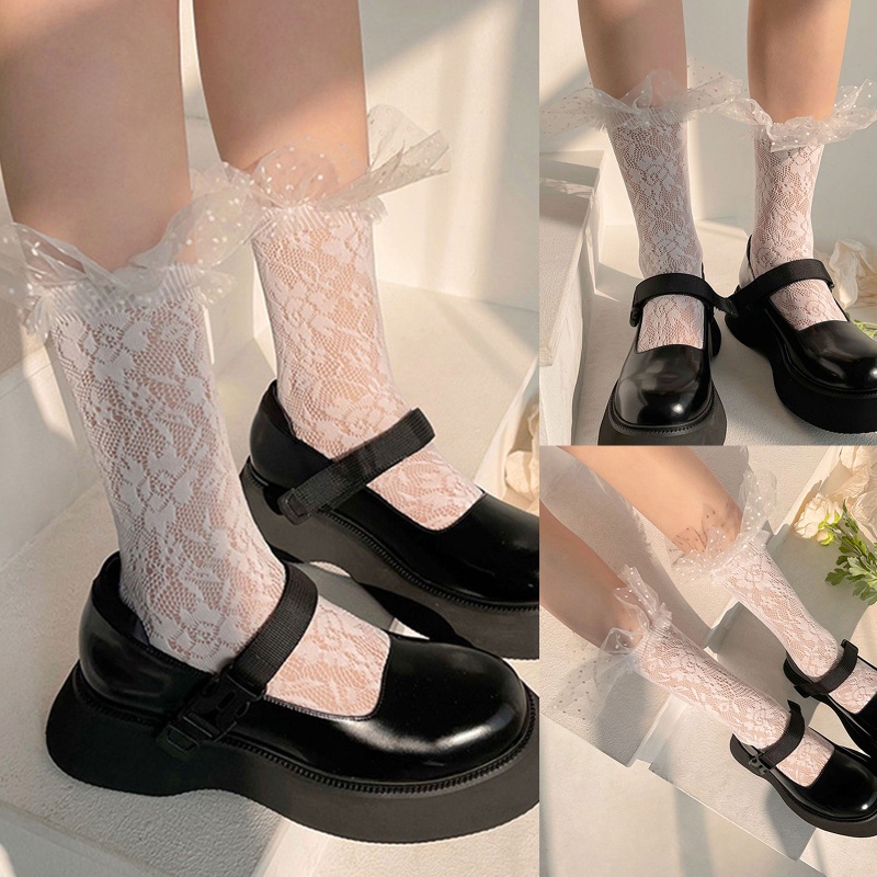 XIXI Tất Lưới Phối Ren Họa Tiết Chấm Bi Phong Cách Lolita Dành Cho Nữ