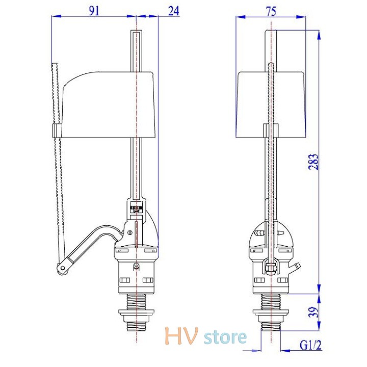 Bộ ruột thay thế cho bồn cầu nhấn liền khối, cọc xả cao 21cm - HV Store 128