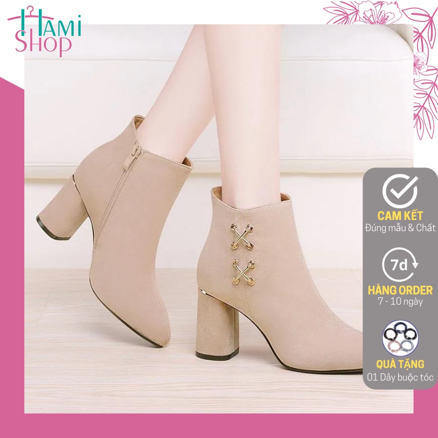 Giày bốt nữ cổ thấp giày boots nữ chất da lộn gót cao 7cm - Xem ảnh thật ở cuối