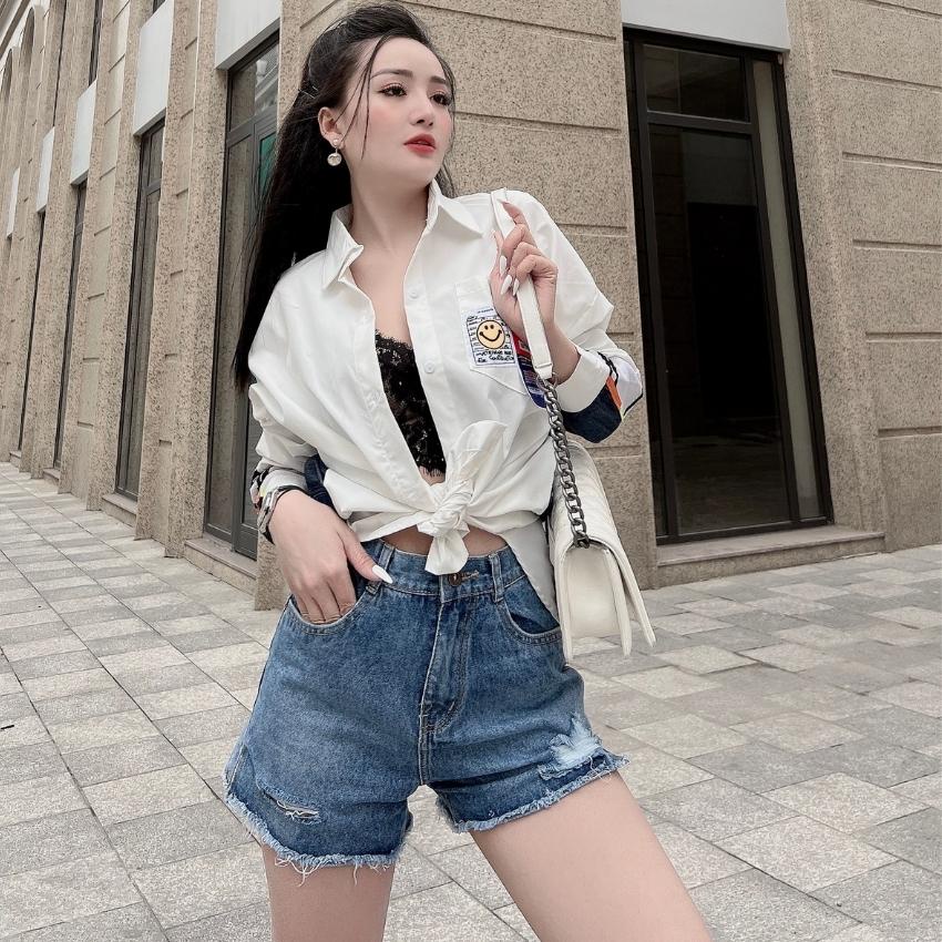 Quần short jean nữ Jeanny Jeans cạp cao không co giãn, Quần sooc bò nữ rách dày dặn cá tính 98