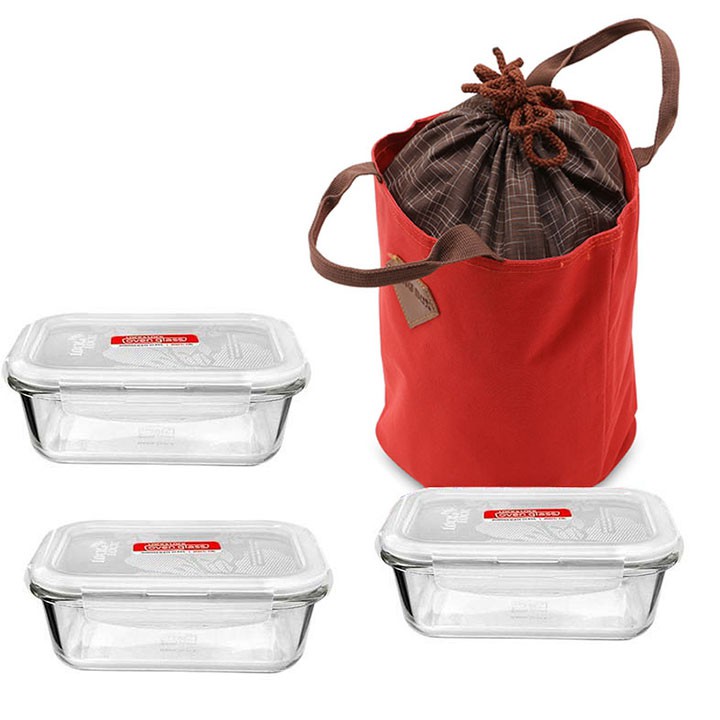 Bộ 3 Hộp Thủy Tinh Lock&Lock 630ml và túi giữ nhiệt | BigBuy360 - bigbuy360.vn