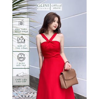 Đầm đỏ dự tiệc Guni búi cổ hai dây, đầm thiết kế.