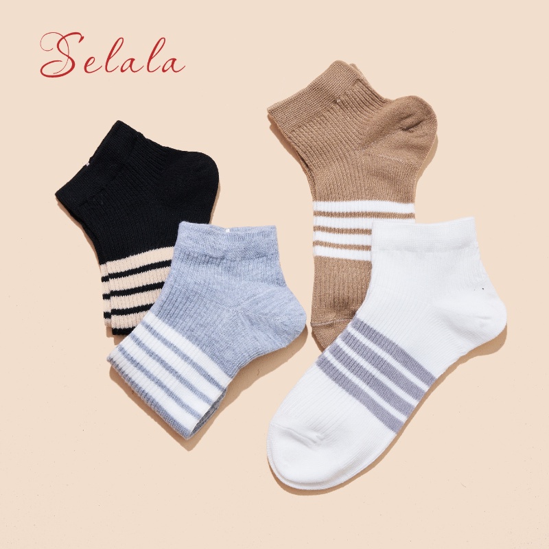 Tất Vớ Nữ Cotton Selala Cổ Vừa Thiết Kế Kẻ Sọc Co Giãn Kháng Khuẩn Thấm Hút TC16