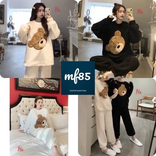 Bộ Mặc Nhà Nữ Lông Mặt Gấu Dễ Thương 🦋 Bộ Ngủ Mặc Mùa Đông 2 Màu💖Moonfashion85 Mã 610