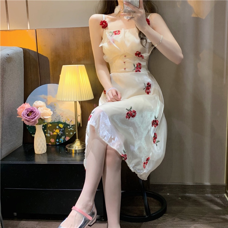 Đầm Hai Dây Dáng Chữ A Thêu Hoa Ngọt Ngào Thời Trang Mùa Hè Cho Nữ