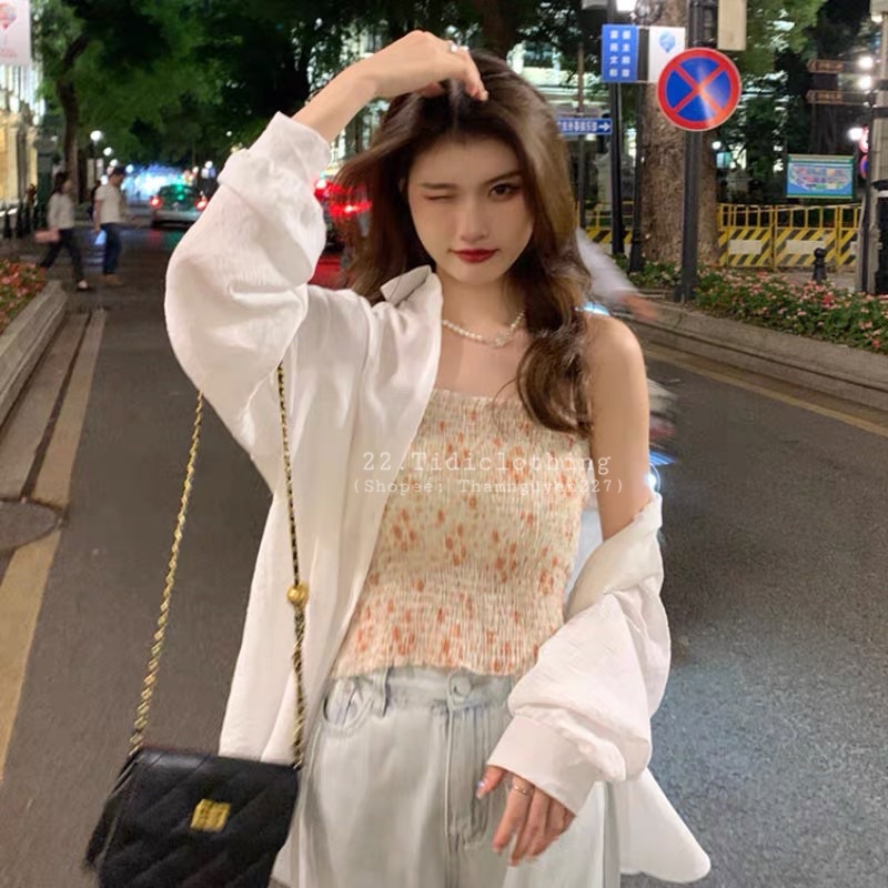 Set áo sơ mi mỏng và áo hai dây dún hoa ulzzang