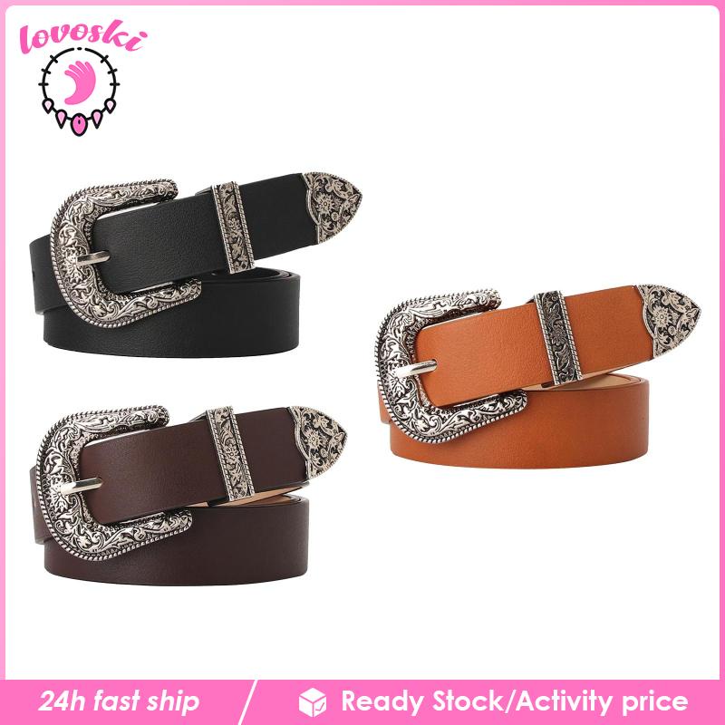 Thắt Lưng Giả Da Khóa Chạm Khắc Màu Đen Thời Trang Cho Nữ