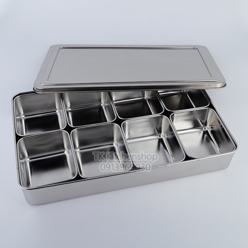 Khay gia vị inox có nắp 2/3/4/6/8 ngăn, khay đựng gia vị nhiều ngăn có nắp đậy hàng inox dày dày dặn (thìa không đi kèm)