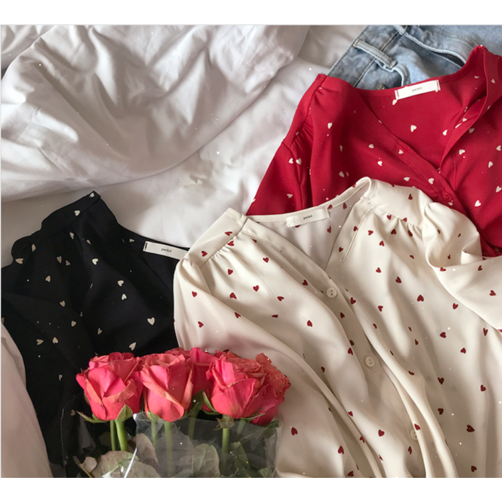 SUXI Áo sơ mi nữ vải chiffon tay dài cổ chữ V họa tiết trái tim thời trang phong cách Hàn Quốc