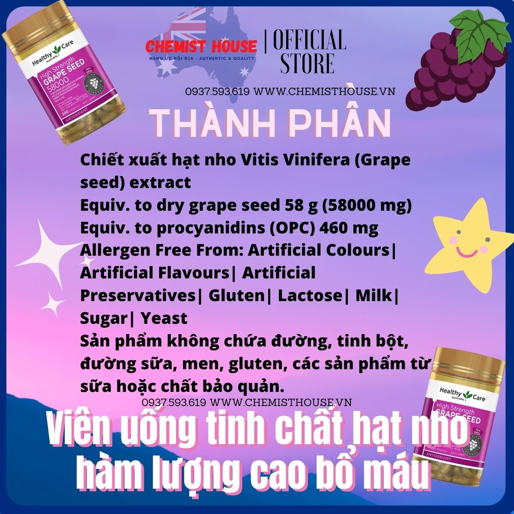 Viên uống tinh chất hạt nho hàm lượng cao bổ máu Healthy Care Grape Seed 58,000 mg