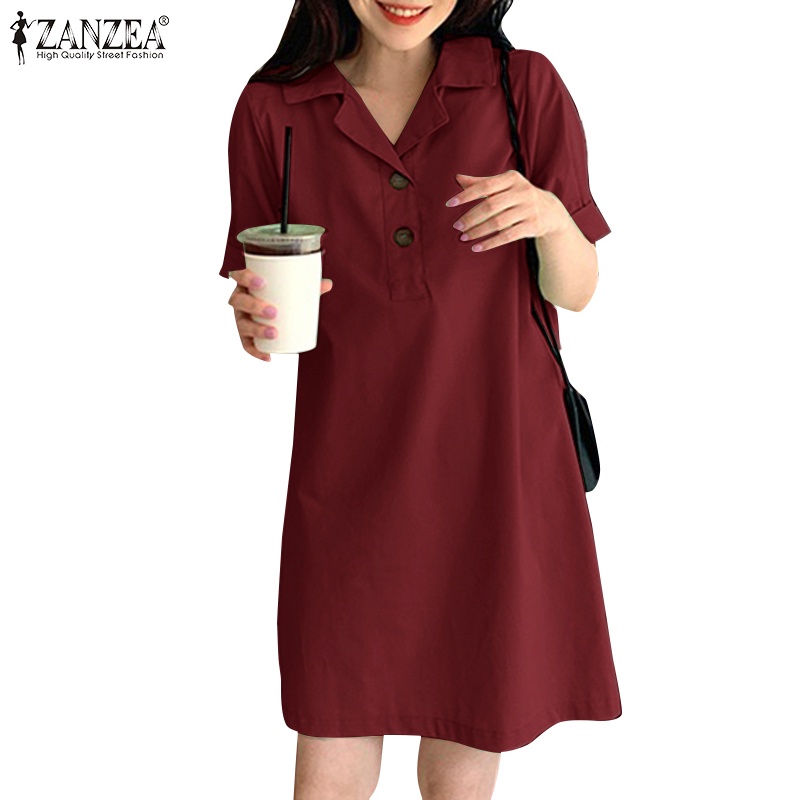 Đầm Zanzea tay ngắn cổ bẻ phong cách Hàn Quốc thời trang cho nữ