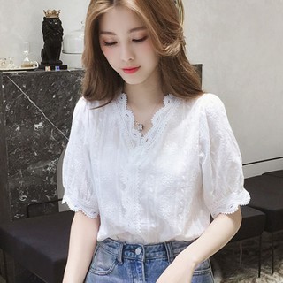 Áo Sơ Mi Ren Ngắn Tay Cổ V Thời Trang Hàn Quốc Dành Cho Nữ