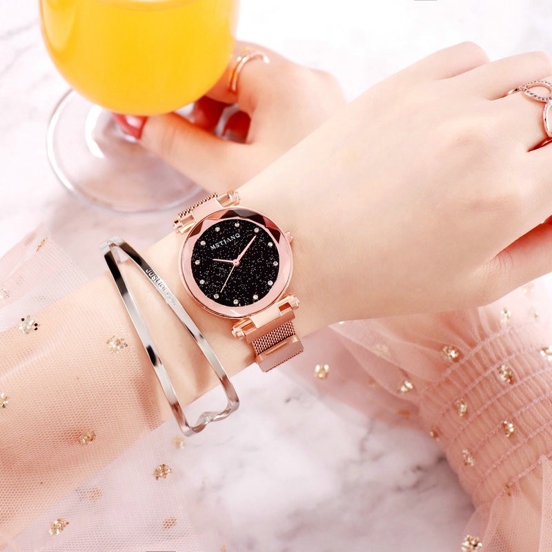 Đồng hồ quartz nữ mặt tròn đính hột xoàn dây thép không gỉ