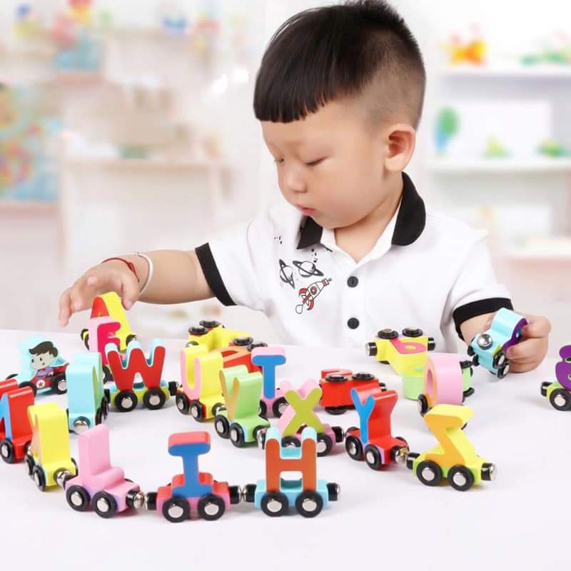 Đoàn tàu nam châm gỗ chữ số, chữ cái cho bé