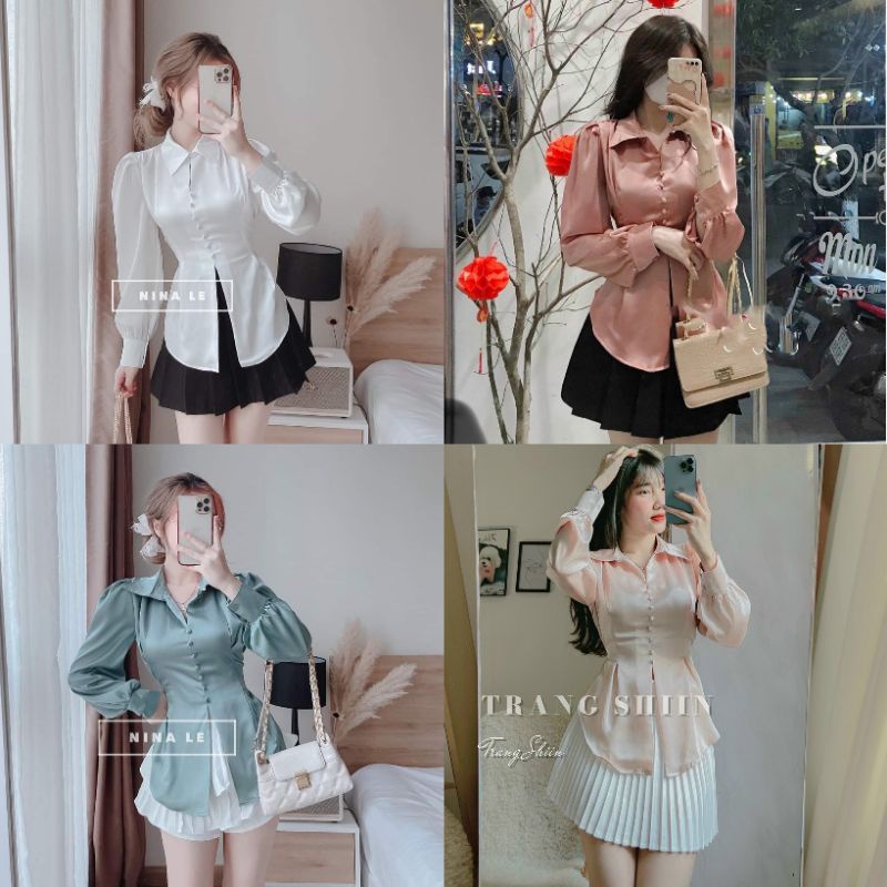 Áo sơ mi lụa nút bọc xẻ tà cột nơ lưng