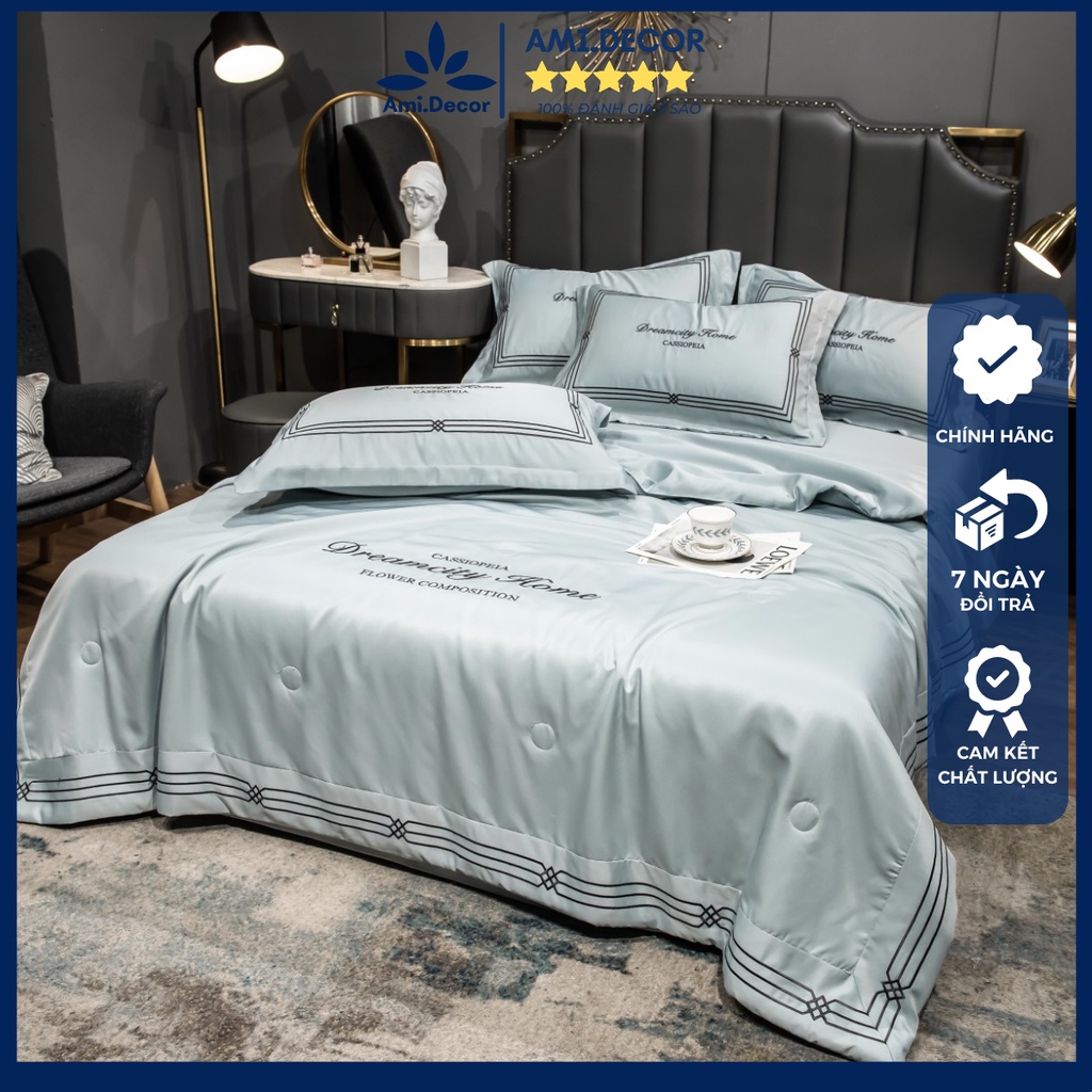 Bộ chăn ga gối phi lụa chăn trần DreamCityHome nhập khẩu cao cấp, Ga gối phi lụa siêu mềm mịn thoáng mát không xù