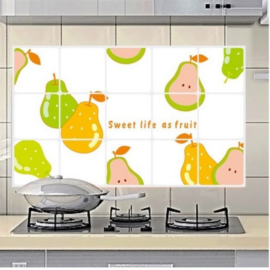 Giấy dán tường nhà bếp chịu nhiệt cỡ đại 60x90 | Decal dán bếp tráng nhôm cách nhiệt chủ đề trái cây hoa quả bốn mùa