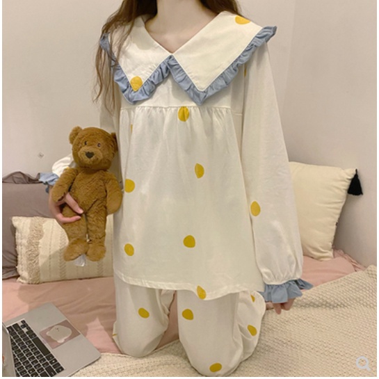Bộ đồ ngủ thu đông dài tay chấm bi vàng vải cotton phong cách Hàn Quốc (ORDER) | BigBuy360 - bigbuy360.vn