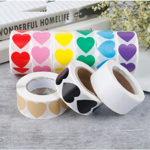 💥💥Cuộn 50 nhãn dán hình trái tim trang trí niêm phong bao bì màu hồng đỏ đen vàng nâu tím xanh dương xanh💥💥 lá nhiều màu