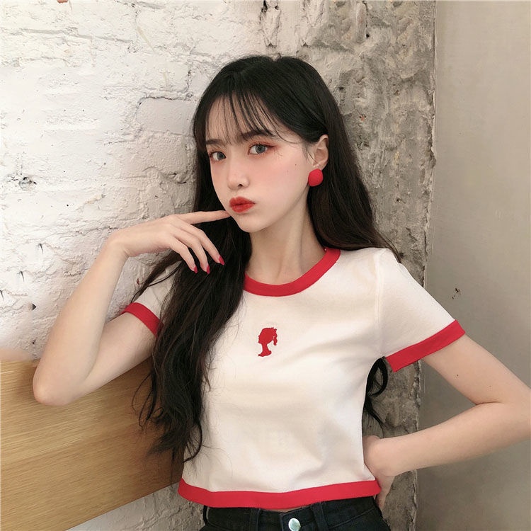 Áo Thun Lụa Lạnh Tay Ngắn Dáng Rộng Màu Sắc Tương Phản Thời Trang Mùa Hè Dành Cho Nữ