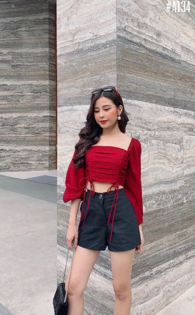 Áo crop xếp li tay dài (có ảnh thật)