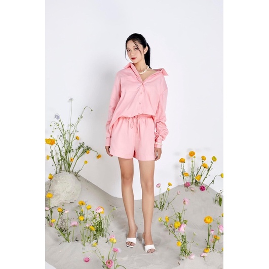 LALLA - Set basic gồm áo sơ mi và quần short lưng chun oversize nữ