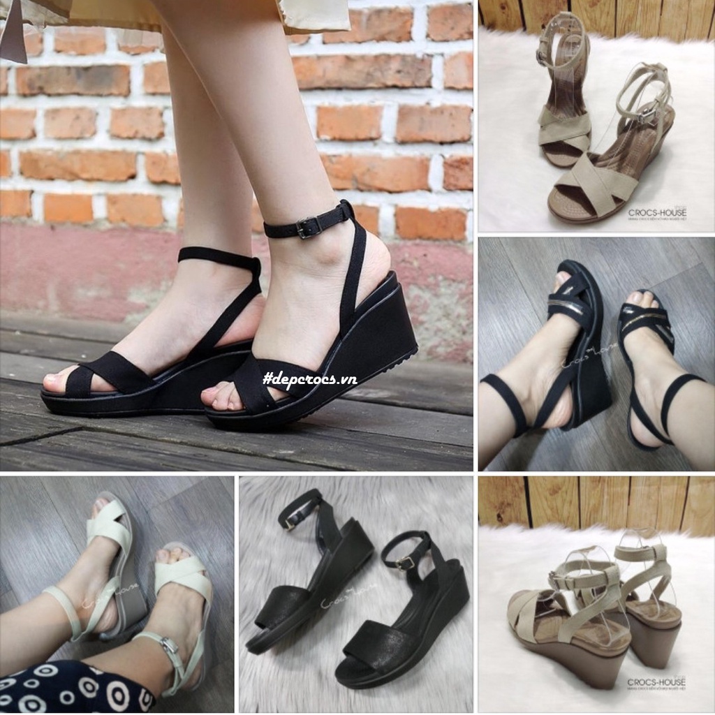 Sandal xuồng crocs leigh chính hãng 7 phân đế nhựa quai vải êm chân, giày cross nữ đế xuồng quai chéo cao - cross house