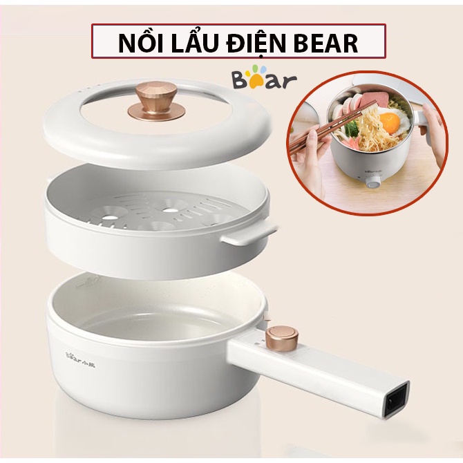 Nồi điện đa năng BEAR 2 tầng dùng để hấp, hầm cháo, nấu mỳ, chiên rán - Nồi lẩu điện mini - Công suất 600W