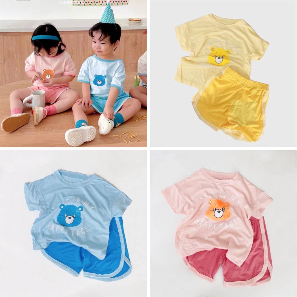 Đồ bộ cộc tay chất thun lạnh họa tiết gấu cực đẹp thoáng mát mùa hè cho bé trai bé gái AM912 TTR339