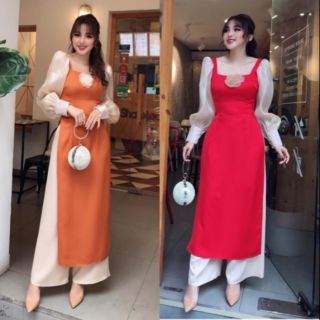 Sét bộ áo dài cách tân cổ vuông cài hoa cao cấp