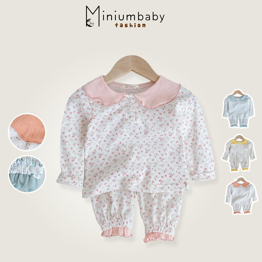 Bộ đồ dài/ cộc tay quần dài thu đông cho bé gái cổ bèo chất liệu 100% cotton, set quần áo trẻ em MiniumBaby-SB1302