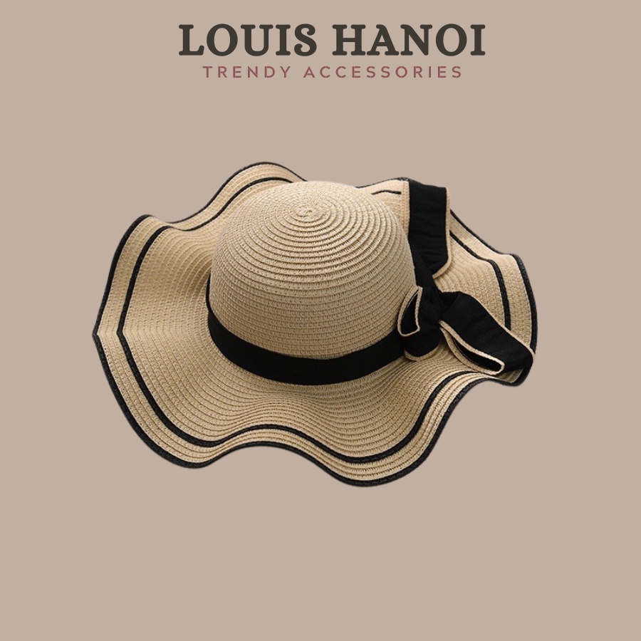 Mũ Cói Đi Biển Cho Nữ Louis Hanoi - Nón Cói Vành Rộng, Lượn Sóng, Nơ Kép Phong Cách Hàn Quốc