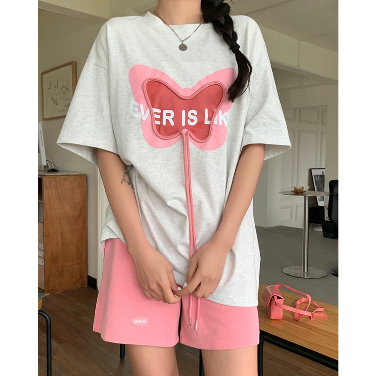 Áo Thun Tay Ngắn Dáng Rộng Cột Nơ In Họa Tiết Xinh Xắn Phong Cách Hàn Quốc Thời Trang Cho Nữ