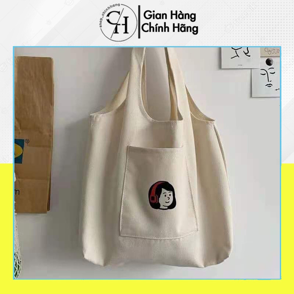 Túi tote đi học nữ vải Canvas hàn quốc giá rẻ có túi nhỏ trước in Girl tai nghe AH1604