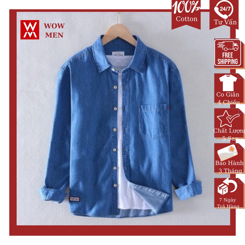 Áo sơ mi Jean Nam tay dài WOW MEN, Dáng suông, Có túi, Cao cấp, Sang trọng, Xuất khẩu, Đẹp Rẻ