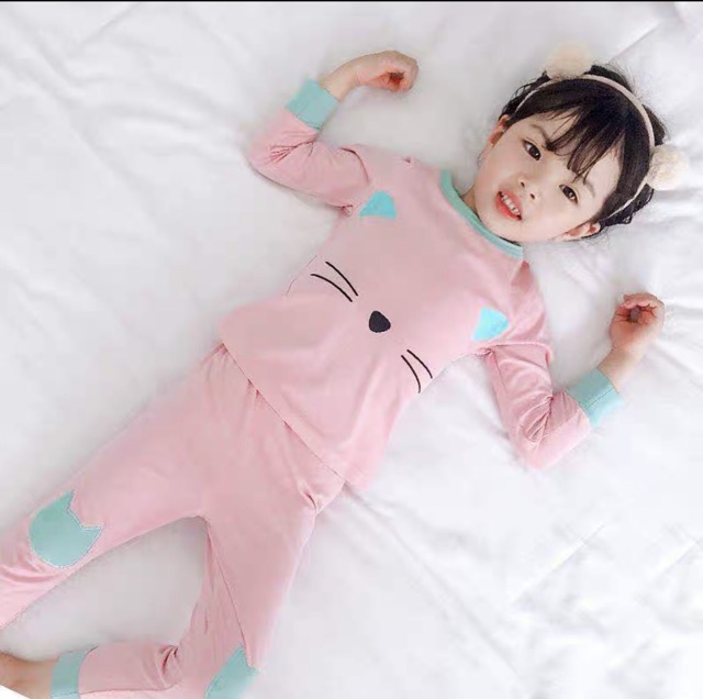 Bộ Quần Áo Dai Tay Cho Bé Gái Hình Mèo Chất Cotton