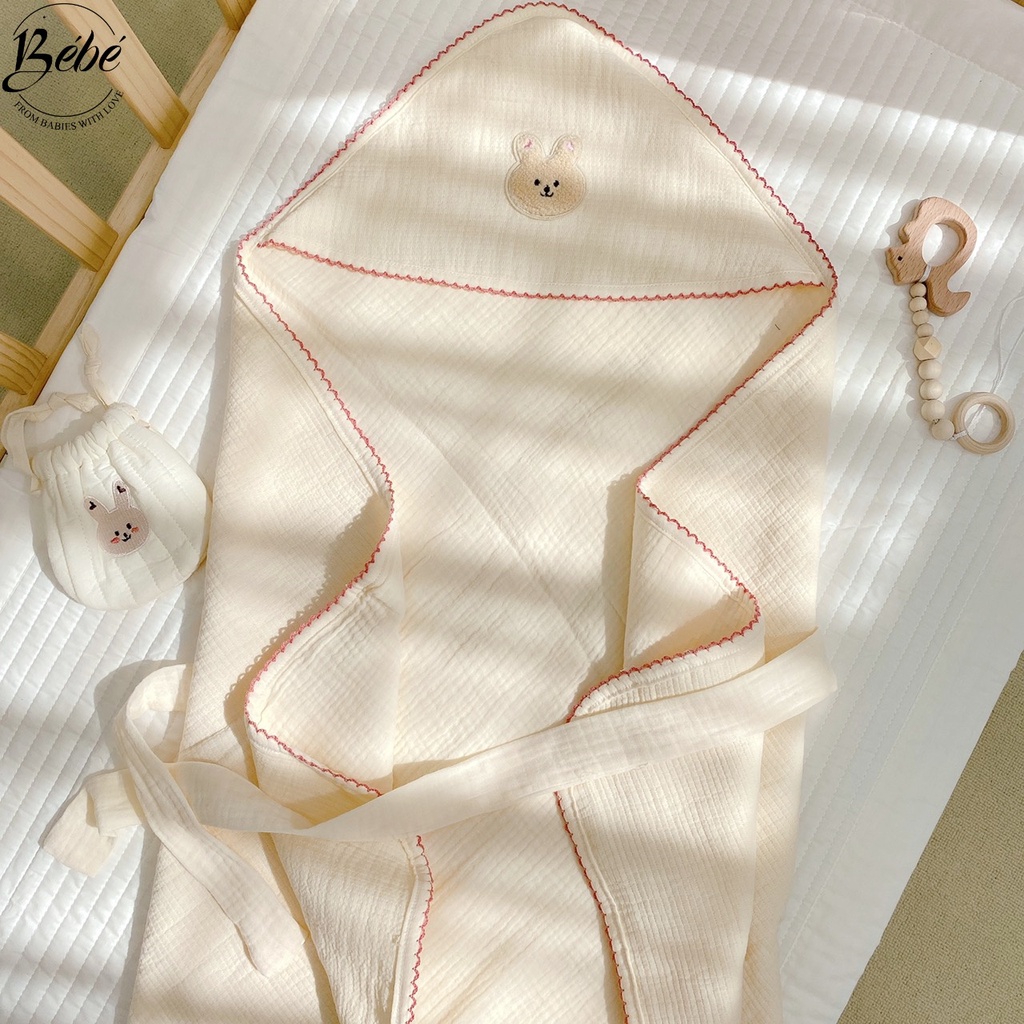 BéBé - Set Bộ Chăn, Gối Đầu, Chăn Ủ Viền Zigzag Họa Tiết Mặt Thỏ Cho Bé