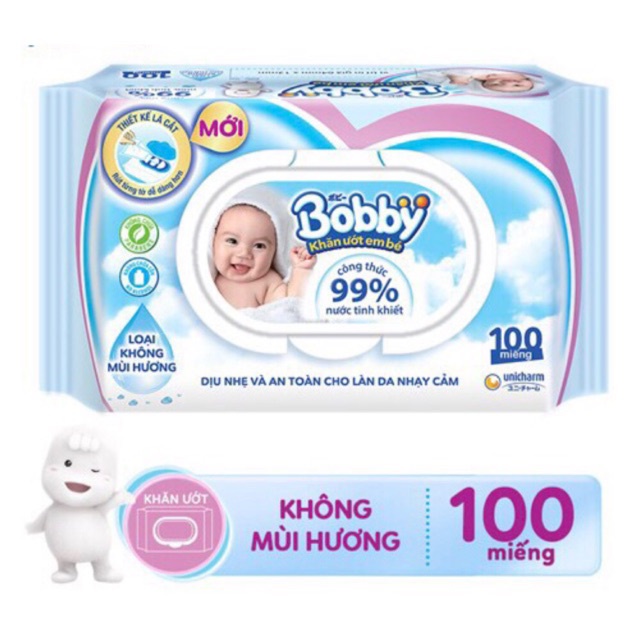 Khăn Giấy Ướt Bobby không hương 100 tờ cho bé