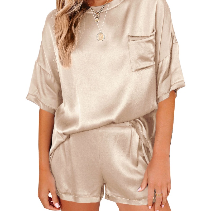 Set Đồ Ngủ 2 Món Áo Thun Tay Ngắn Cổ Tròn Phối Quần Short Vải Satin Màu Sắc Đơn Giản Thời Trang Xinh Xắn Cho Nữ