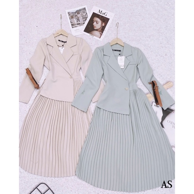 ⚡️BÁN SỈ⚡️VÁY dập ly cổ vest kèm đai 2 màu xanh và be | BigBuy360 - bigbuy360.vn