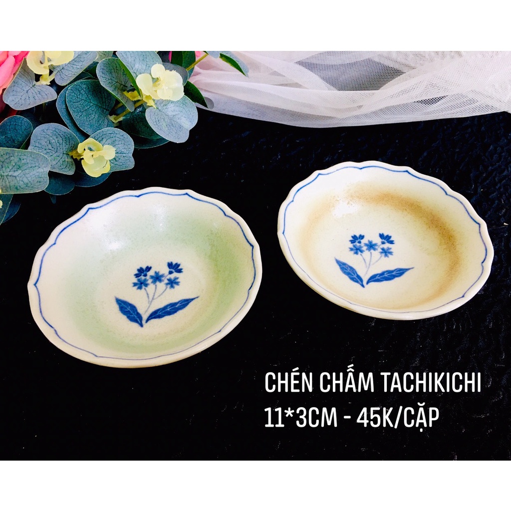 GỐM NHẬT - ĐĨA NHỎ LAM VÀ CHÉN CHẤM PHỐI MÀU