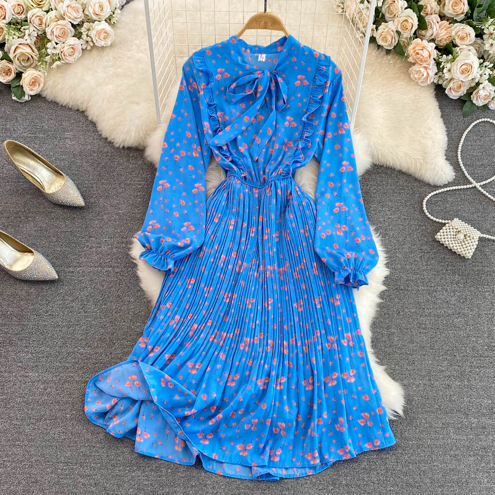 Đầm tay dài 10 màu chiết eo chất voan xếp ly cổ tròn thắt dây nơ