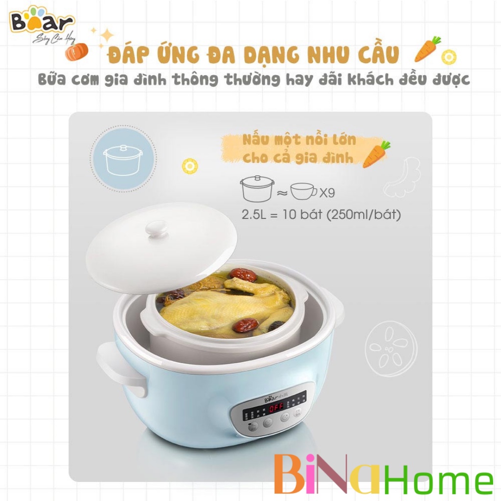 Nồi Nấu Chậm 0.8L Bear DDZ-C25E1 nấu cháo, chưng yến kèm xửng hấp đa năng BINAHOME